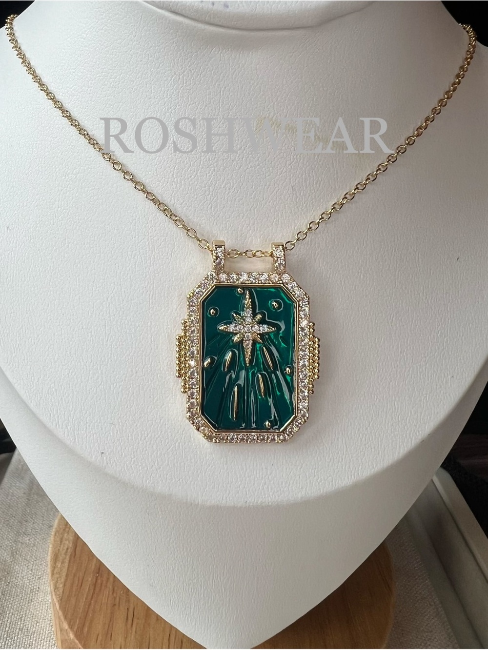 Gold-Tone Pave Pendant Necklace with Emerald Green Enamel and Crystal Star NWOT